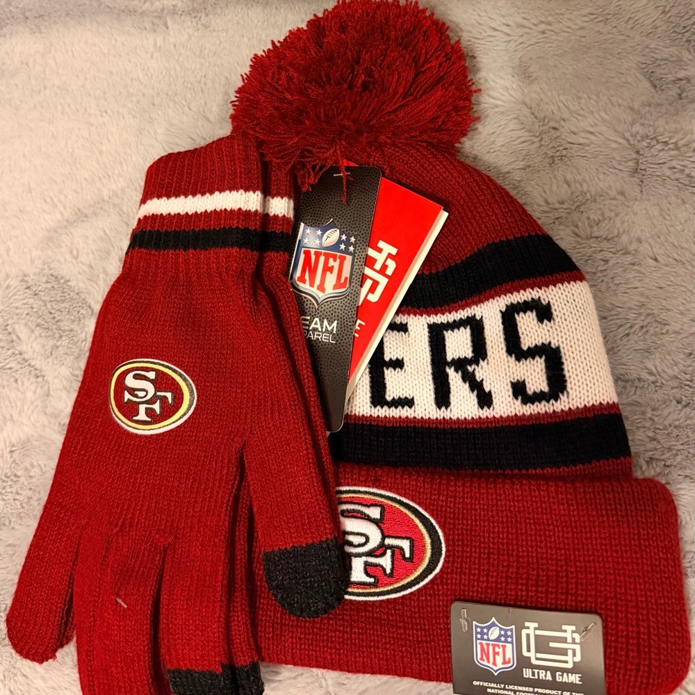 NFL Ultra Game 49ers Red and Black Beanie and Gloves Set